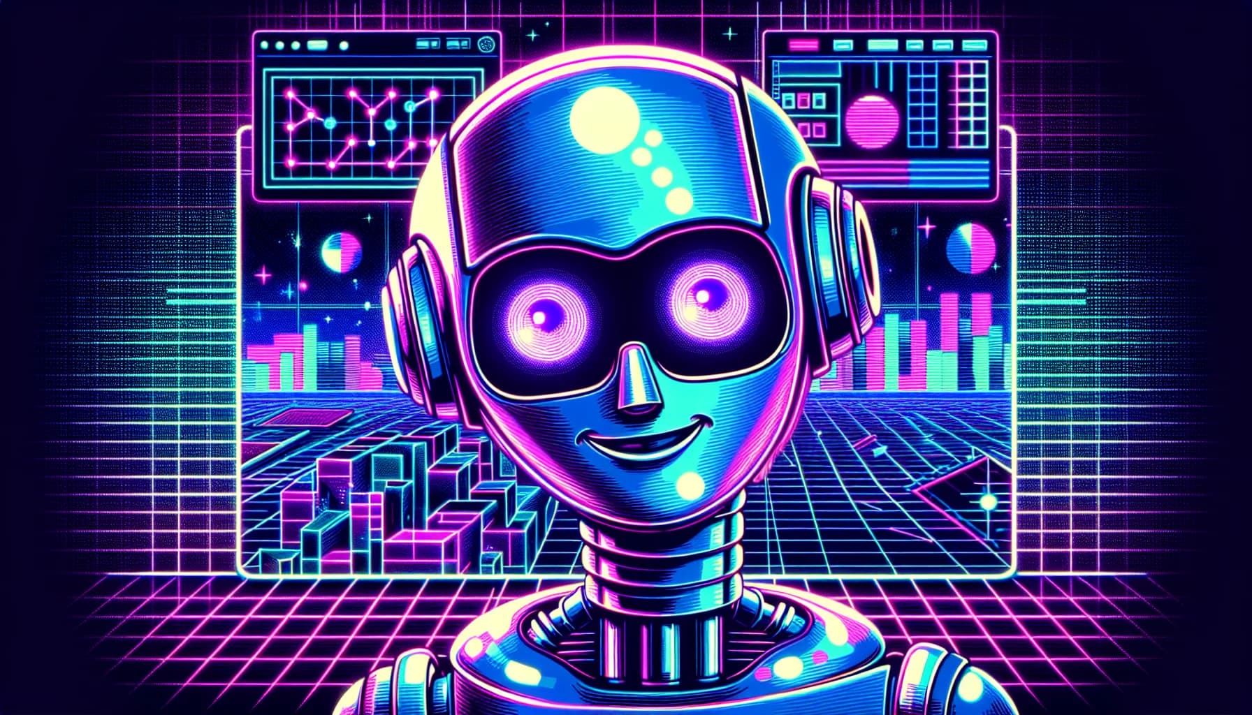 Retro-futuristic illustration featuring friendly robots and 80s synthwave computer aesthetics