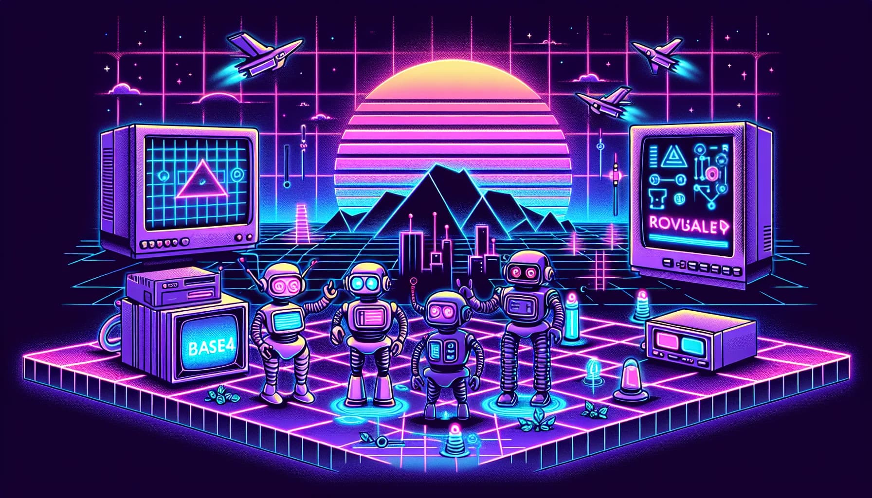 Retro-futuristic illustration featuring friendly robots and 80s synthwave computer aesthetics