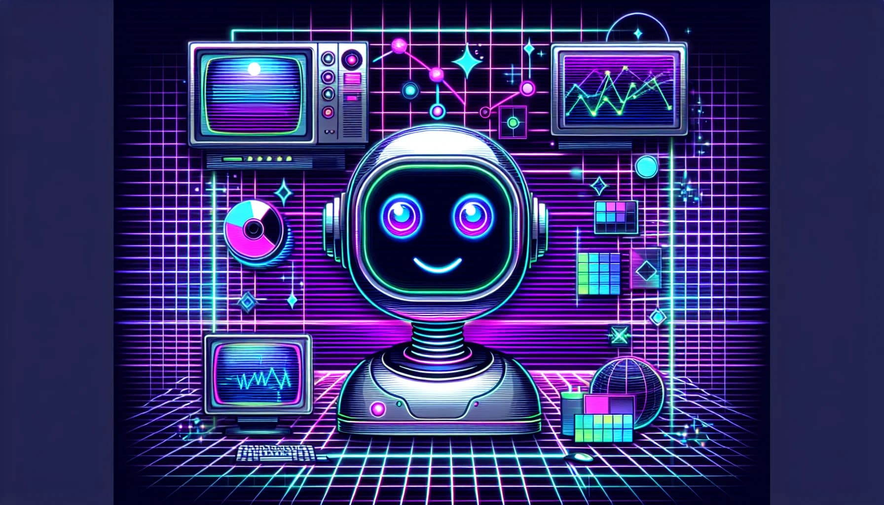 Retro-futuristic illustration featuring friendly robots and 80s synthwave computer aesthetics