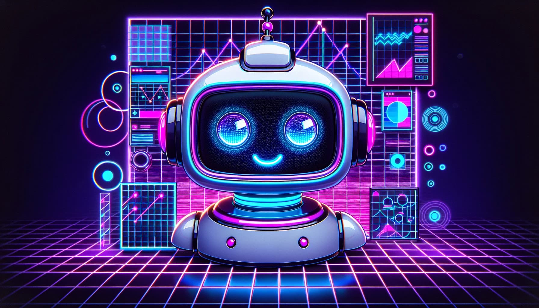 Retro-futuristic illustration for How to Build a Landing Page That Actually Converts - featuring friendly robots and 80s synthwave computer aesthetics
