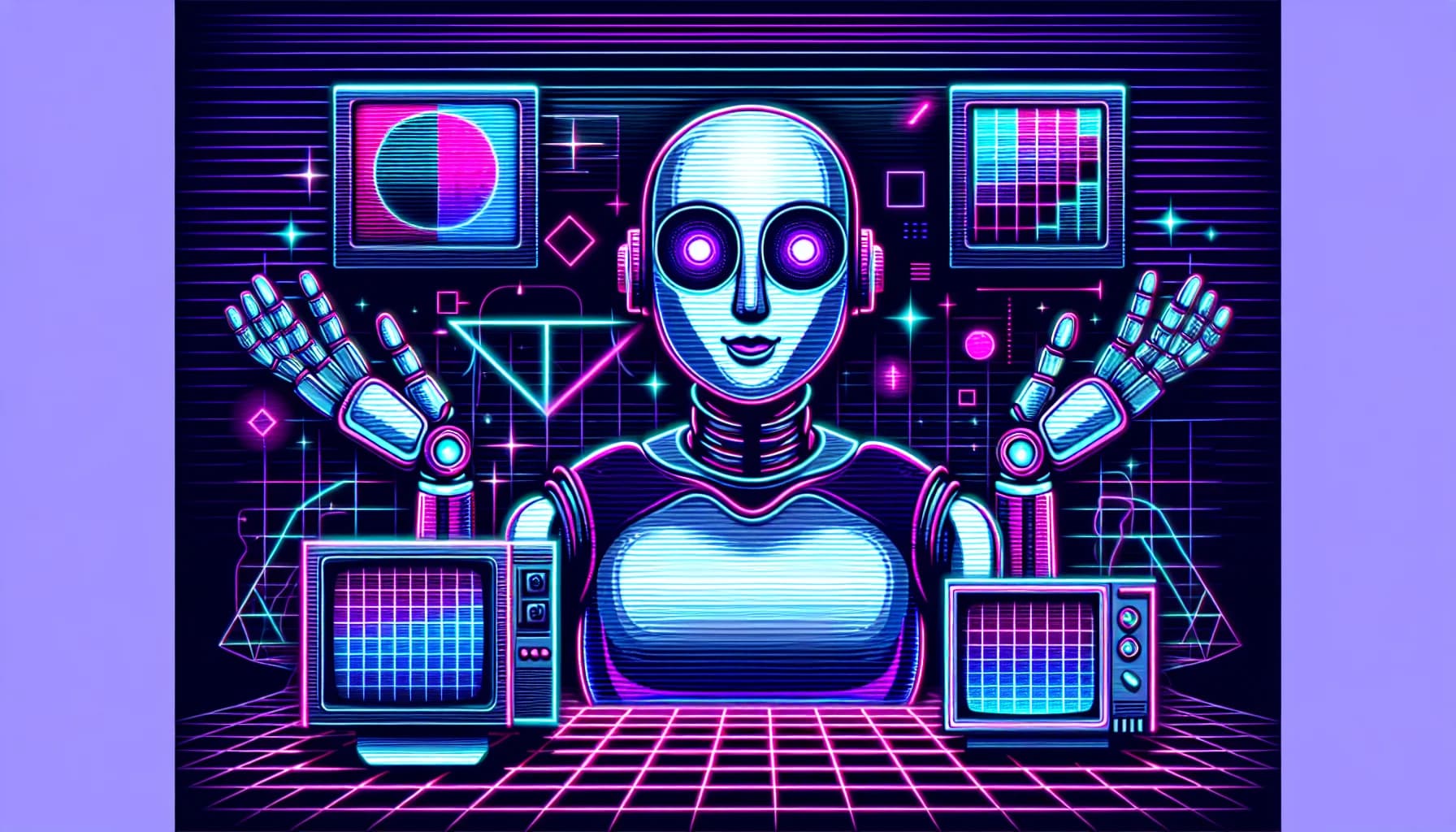 Retro-futuristic illustration featuring friendly robots and 80s synthwave computer aesthetics