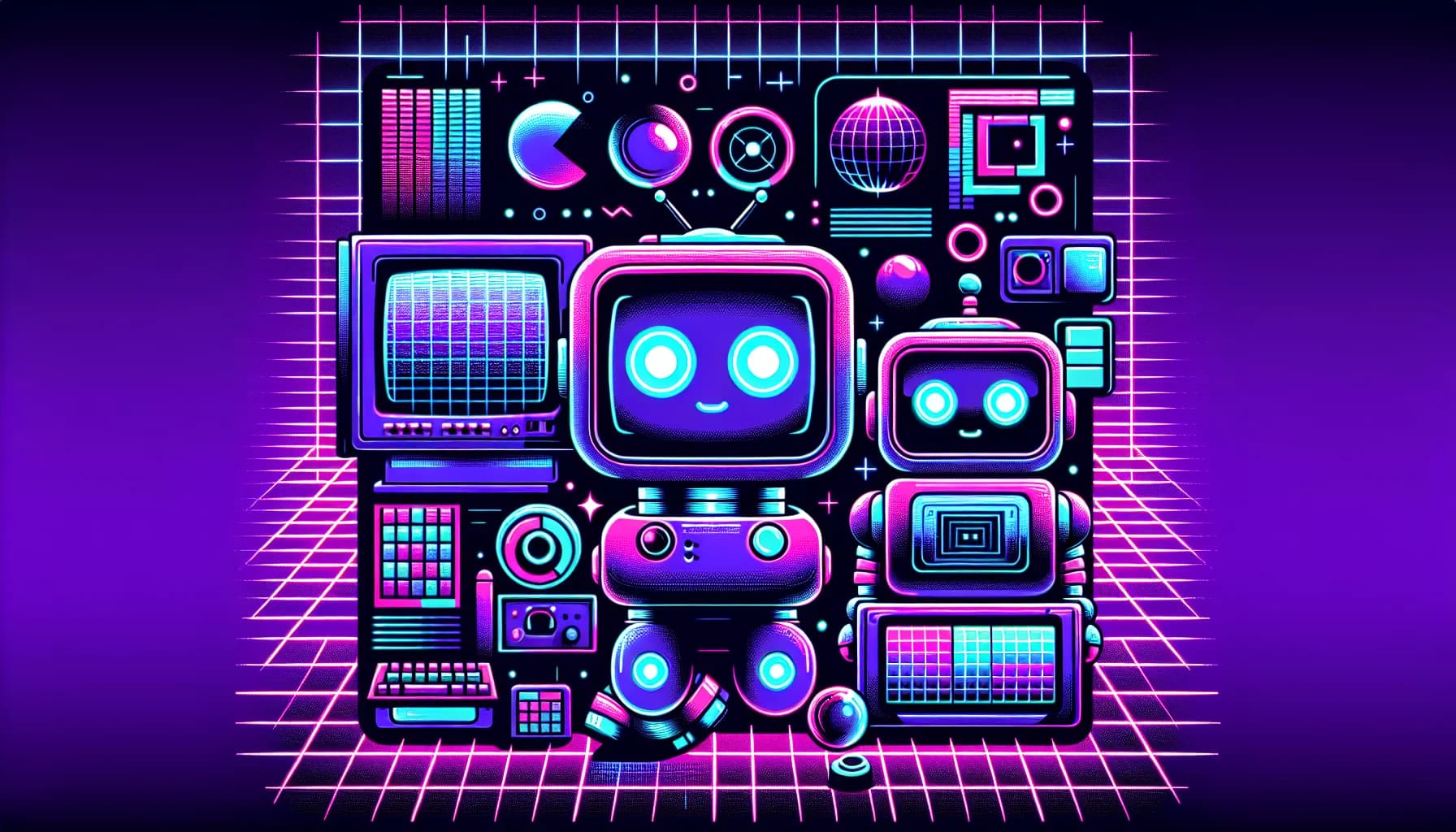 Retro-futuristic illustration for The Startup Checklist: 47 Things You Need Before Launch - featuring friendly robots and 80s synthwave computer aesthetics