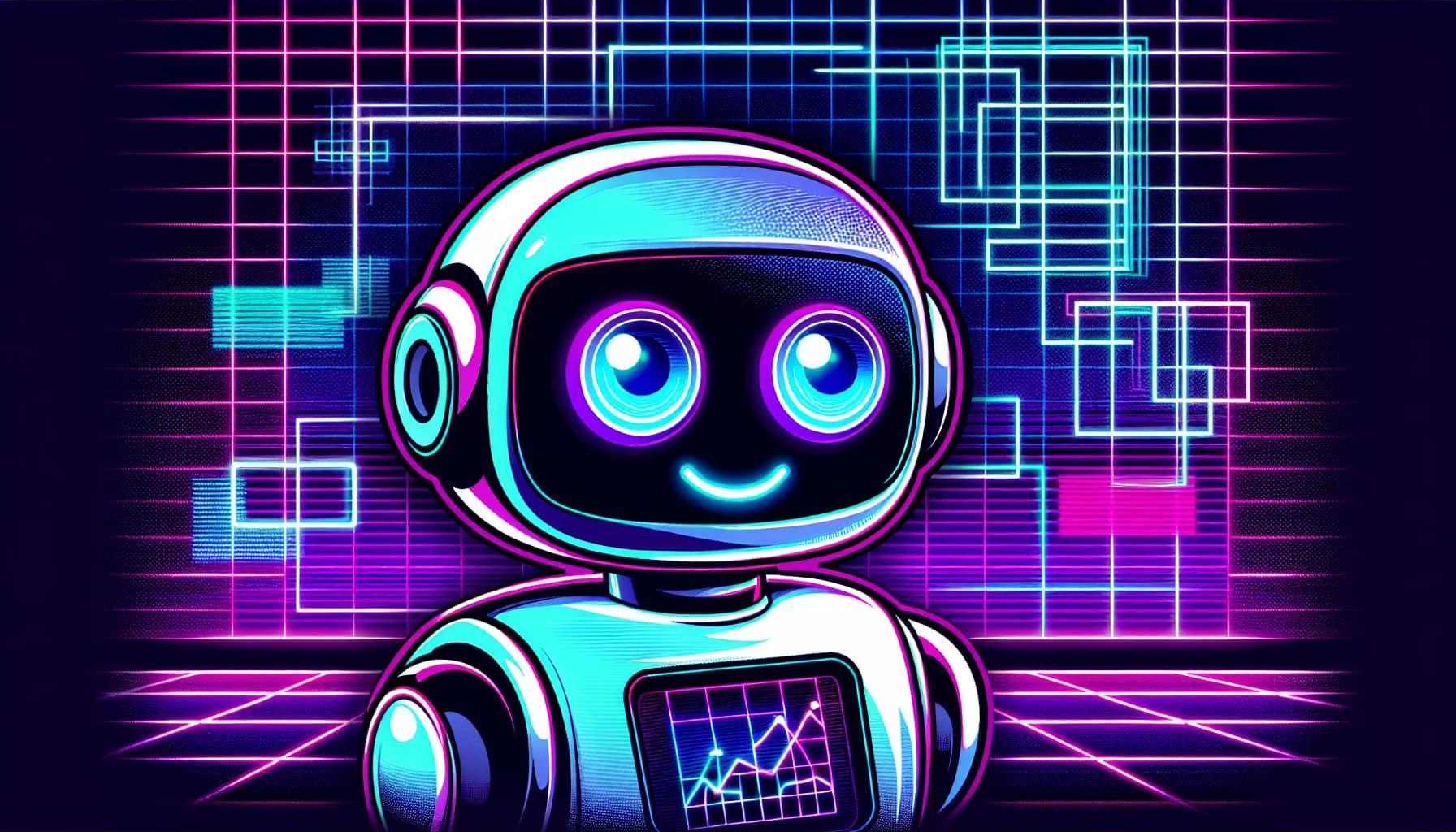 Retro-futuristic illustration for Why Your Startup Isn - featuring friendly robots and 80s synthwave computer aesthetics